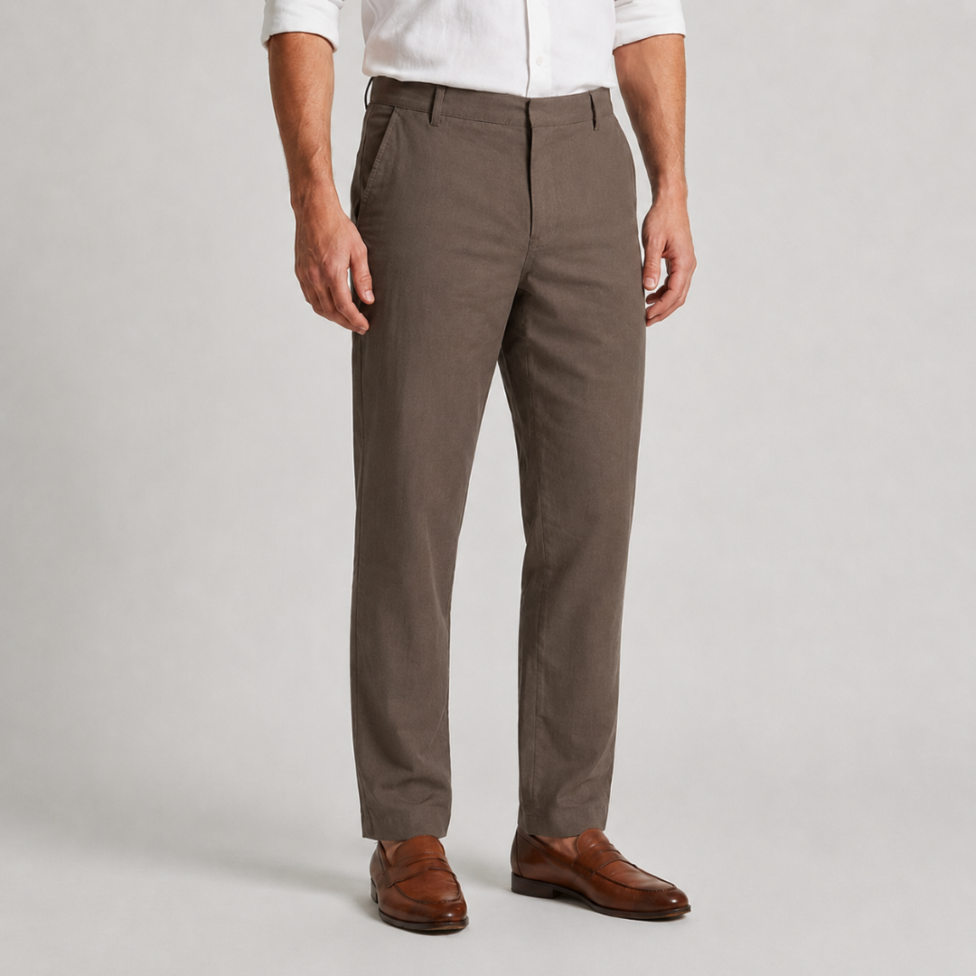 Pantalon homme marron coupe droite respirant porté en tenue décontractée