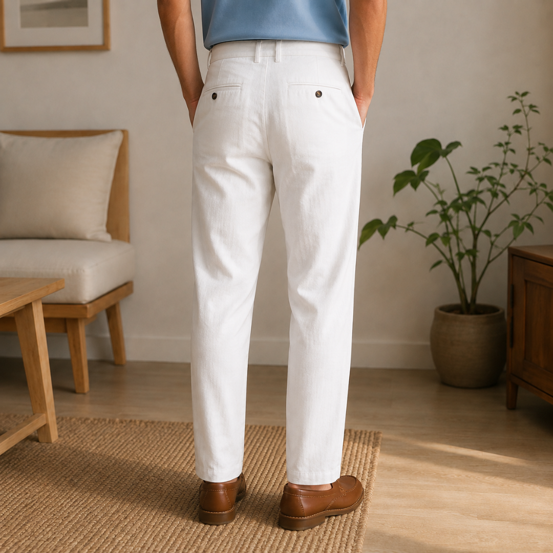 Vue de dos du pantalon homme blanc, poches arrière boutonnées et passants