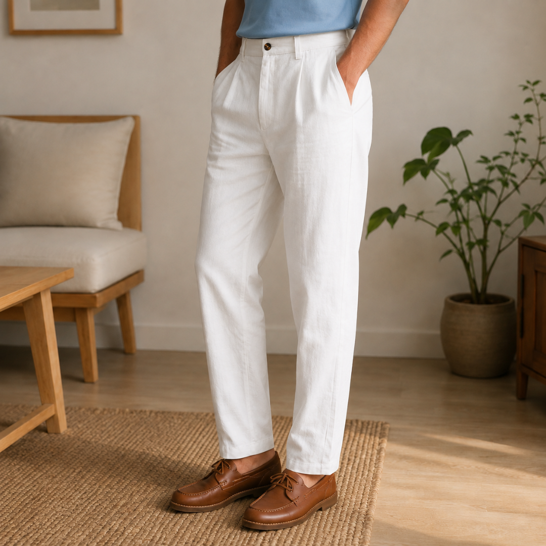 Pantalon homme blanc légèrement de trois quarts, bas raccourci sur les chaussures