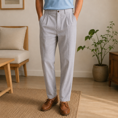 Pantalon homme gris clair chiné, coupe droite fluide vue de face