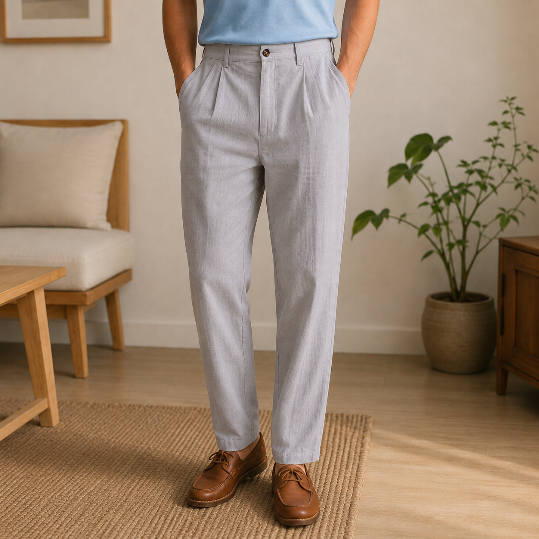 Pantalon homme gris clair chiné, coupe droite fluide vue de face