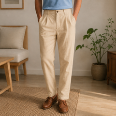 Pantalon homme coupe droite kaki clair avec plis marqués sous la ceinture