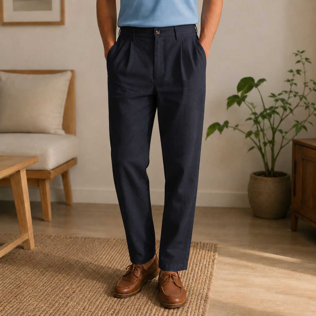 Pantalon homme noir profond, taille à plis et jambes droites amples