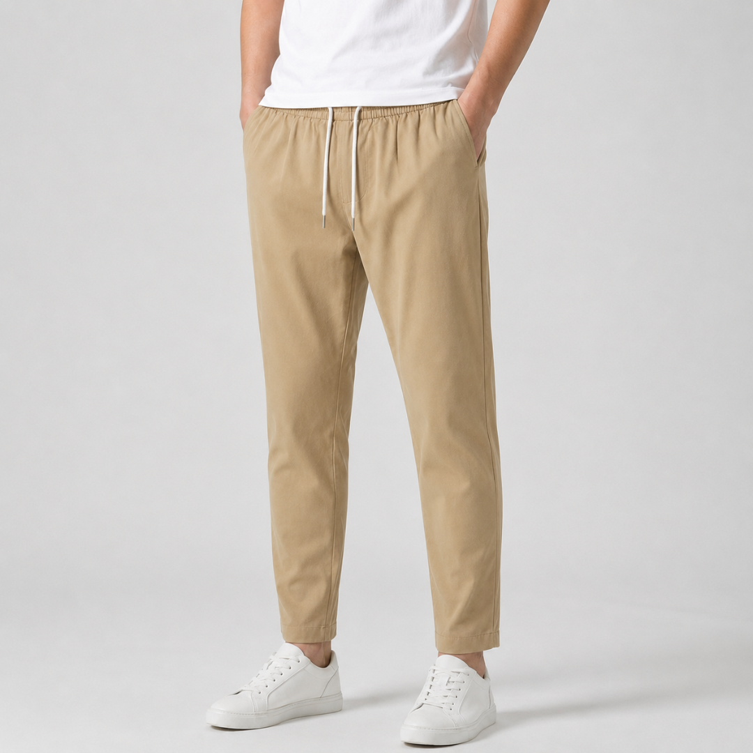 Pantalon homme coupe slim kaki avec cordon de serrage blanc et poches