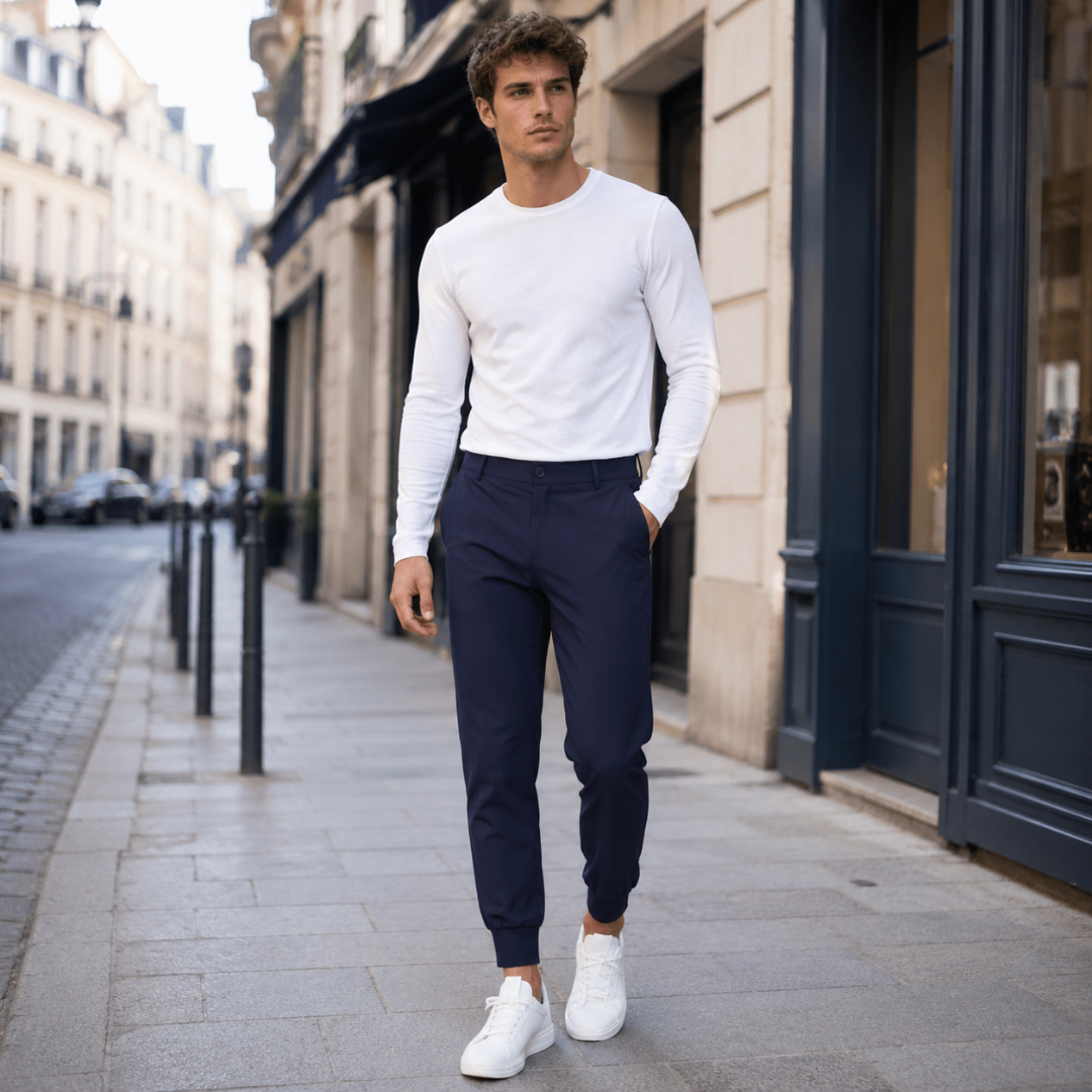 Pantalon jogger homme bleu marine porté en ville, taille boutonnée et bas élastiqués