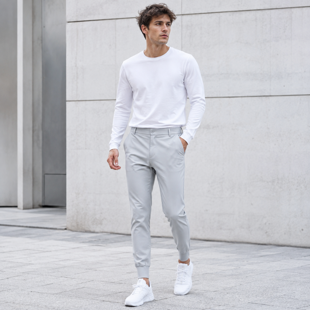 Pantalon jogger homme gris clair, coupe slim et bas élastiqués, allure urbaine