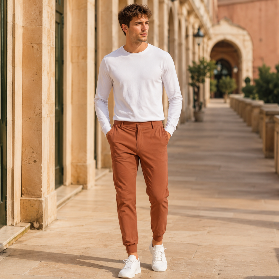 Pantalon jogger homme terracotta à poches latérales, porté avec baskets blanches