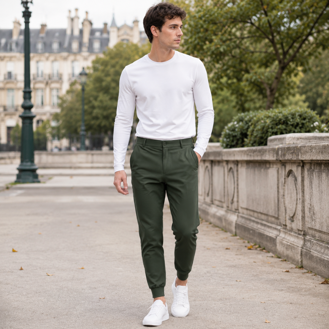 Pantalon jogger homme vert foncé, jambe fuselée et cheville resserrée