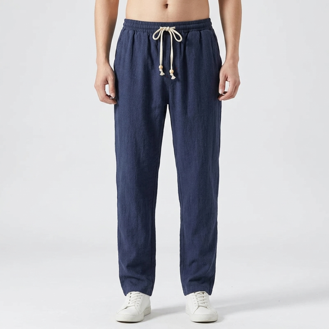 Pantalon homme lin bleu marine coupe droite vue de face avec cordon ivoire