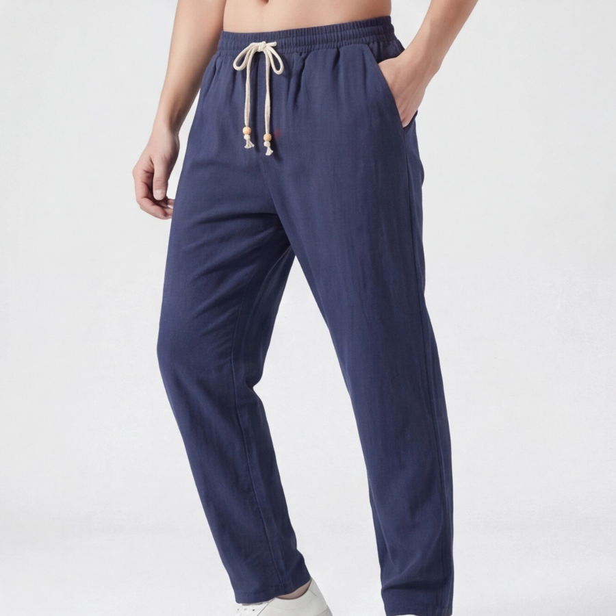 Pantalon homme lin bleu marine vue de trois quarts, coupe décontractée