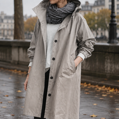 Parka à capuche femme beige gris, col ouvert et poche main visible