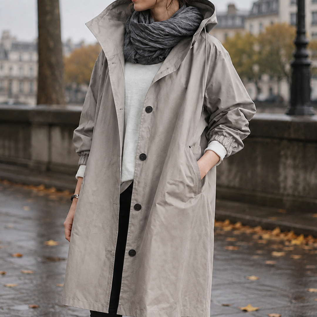 Parka à capuche femme beige gris, col ouvert et poche main visible