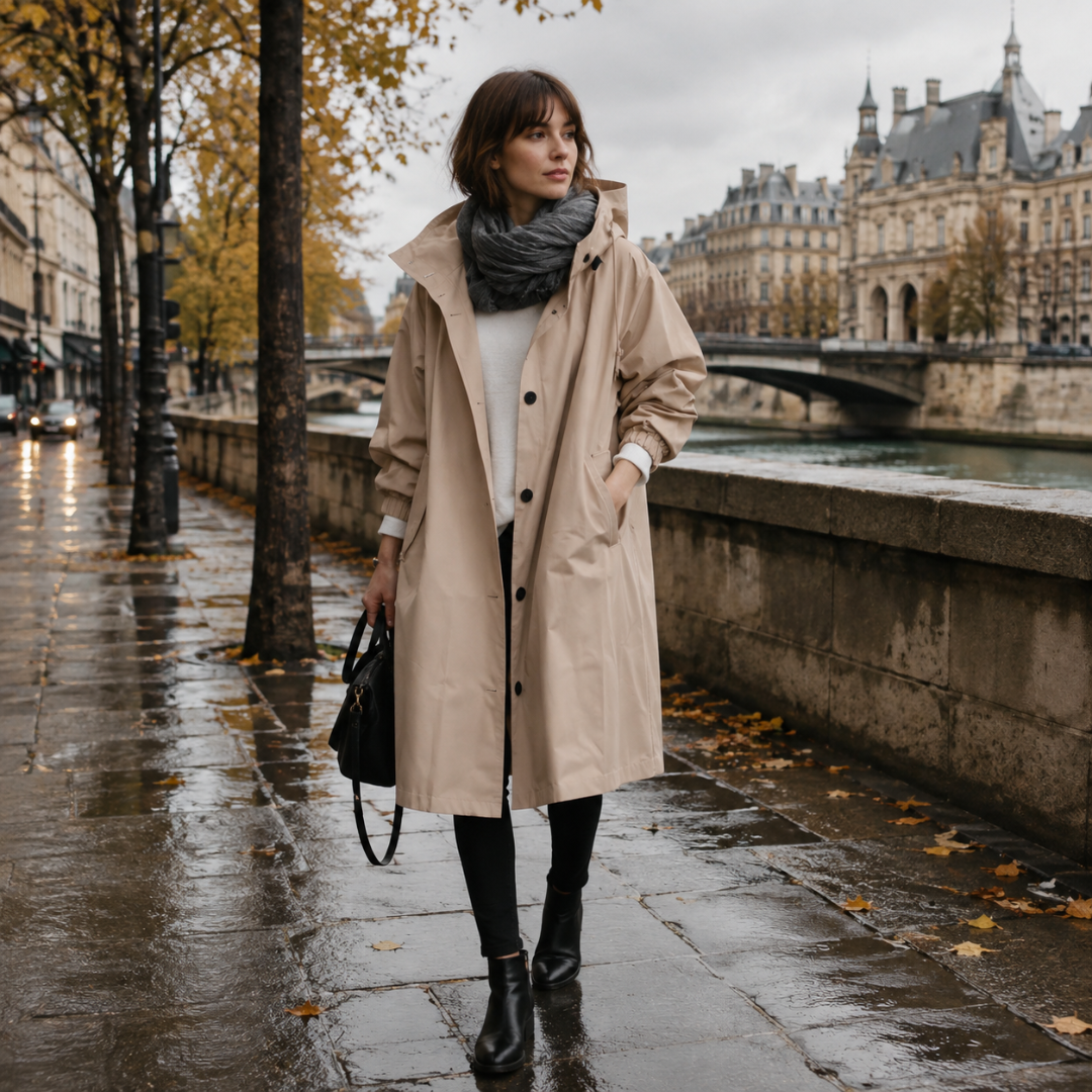 Parka beige à capuche et grandes poches latérales, portée au bord du fleuve