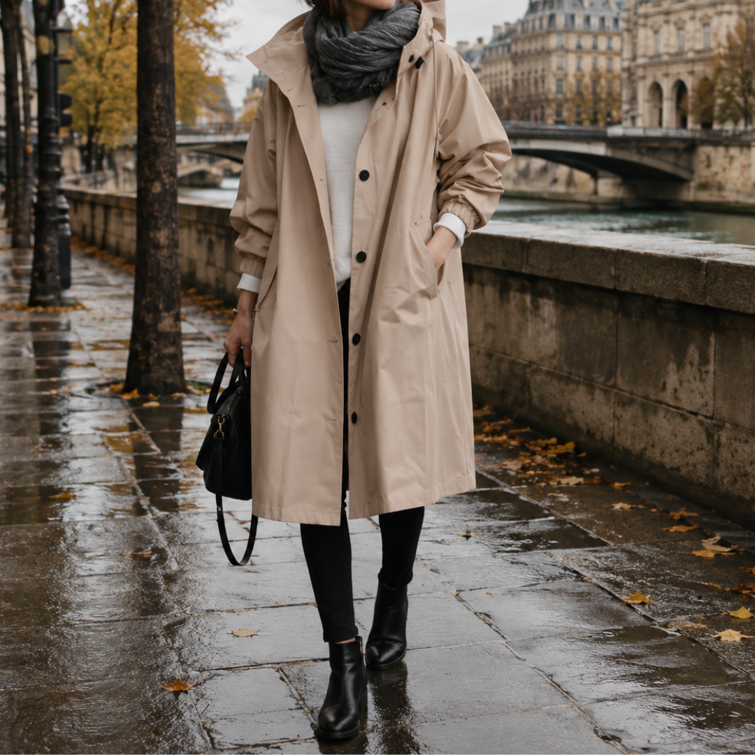 Parka à capuche femme beige clair, silhouette ample portée avec un sac noir