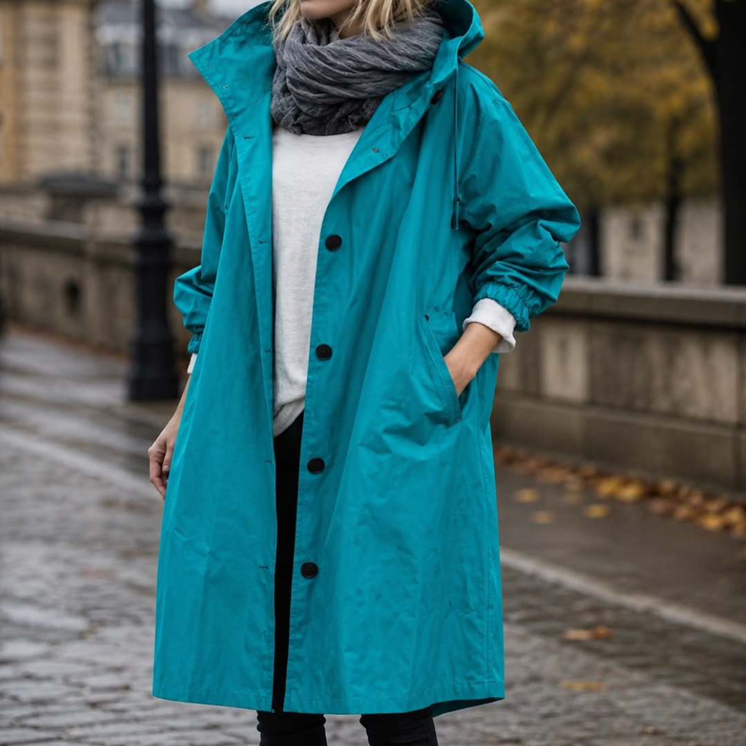 Parka à capuche femme bleu ciel intense, col montant et cordon de serrage