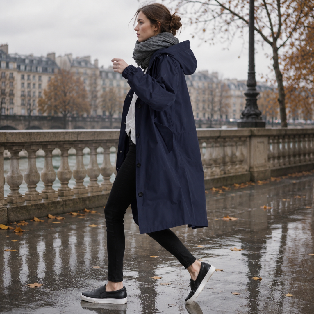Parka bleu marine à capuche vue de profil, poches latérales visibles