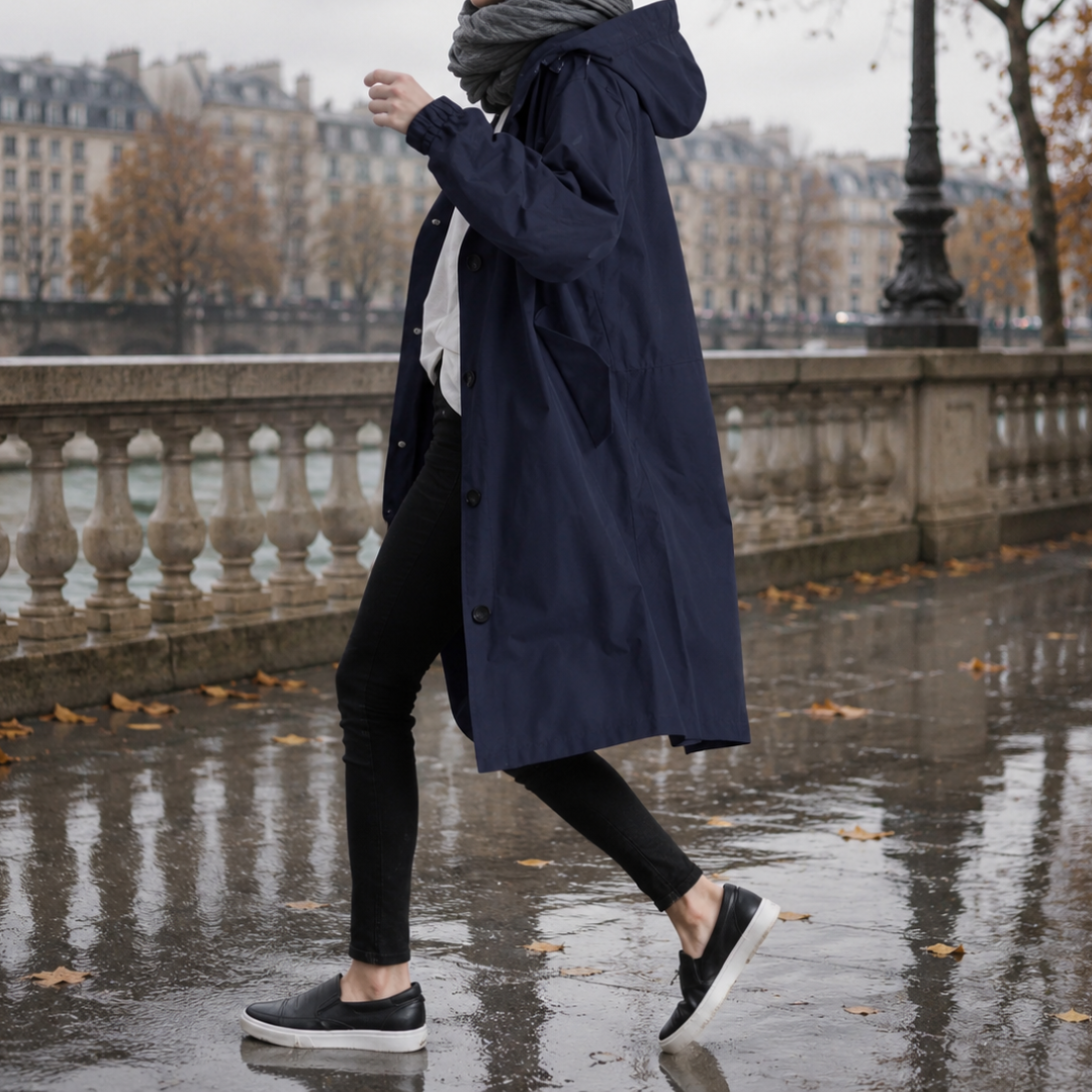 Parka à capuche femme bleu marine vue de profil en marche, capuche volumineuse