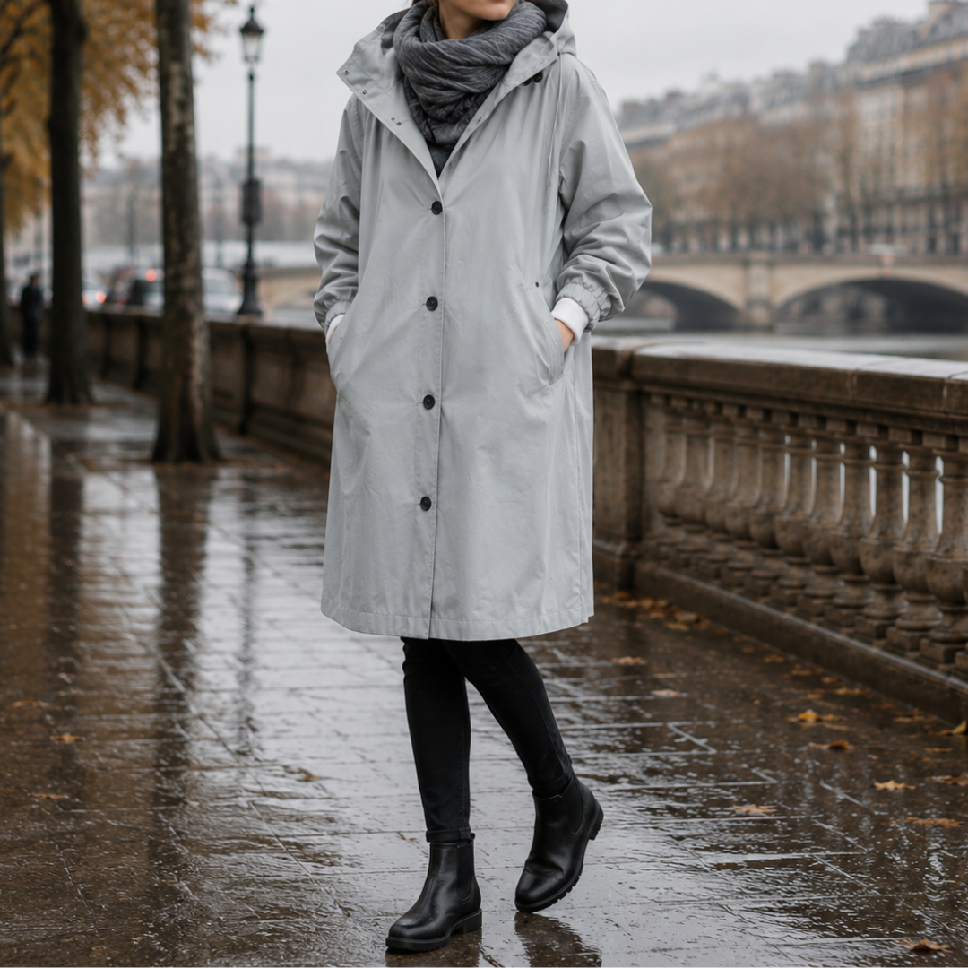 Parka à capuche femme gris clair, grandes poches plaquées et boutons foncés