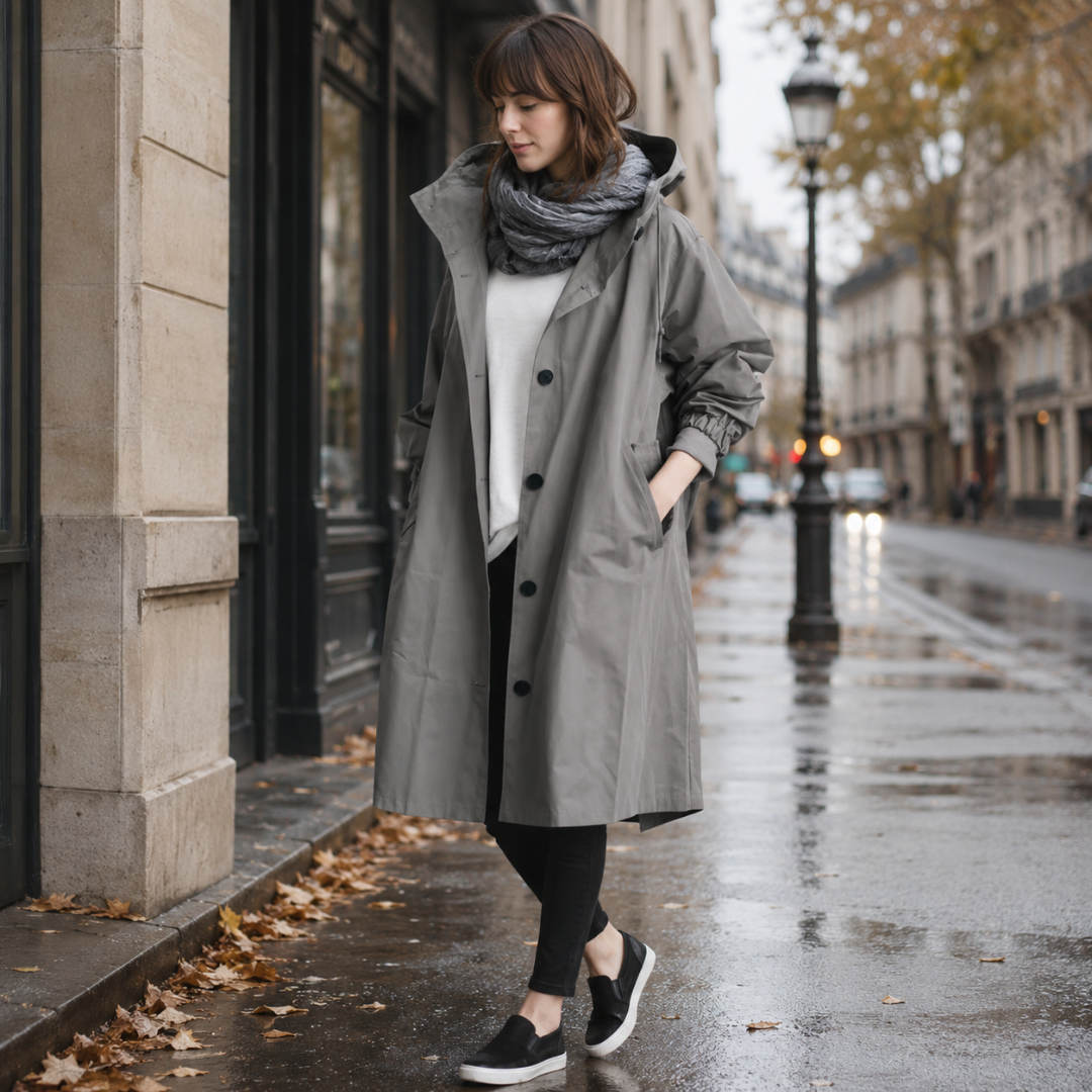 Parka gris foncé à capuche portée ouverte avec un pull blanc