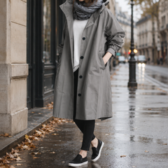 Parka à capuche femme gris foncé mi-longue, coupe fluide en ville sous la pluie