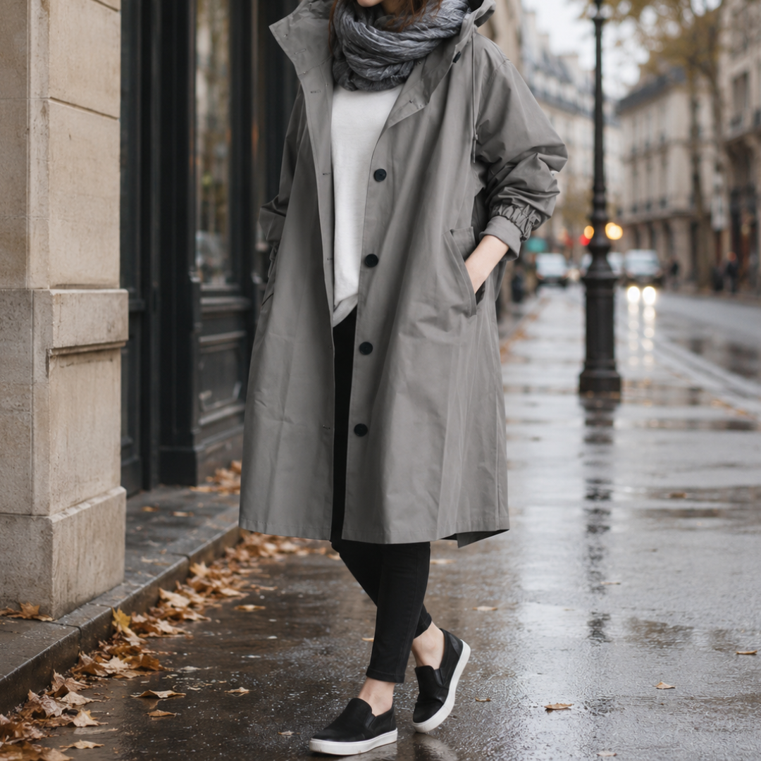 Parka à capuche femme gris foncé mi-longue, coupe fluide en ville sous la pluie