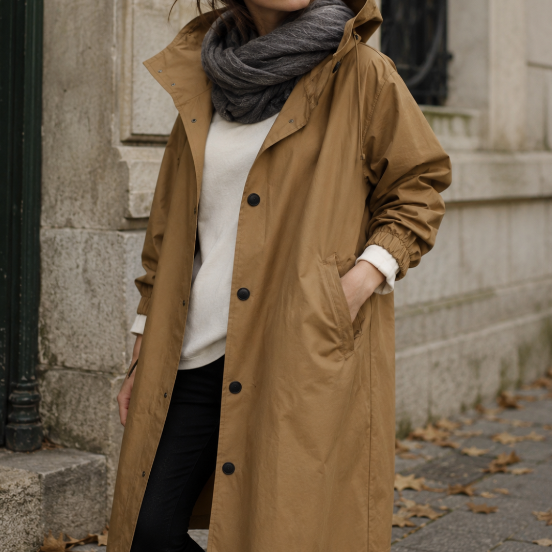 Parka à capuche femme kaki chaud, boutonnage noir et poignets resserrés