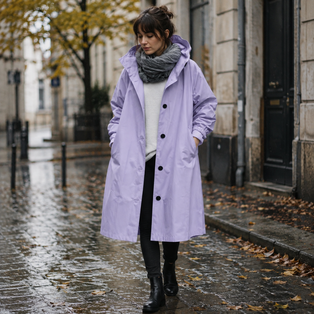 Parka lilas longue à capuche, ouverte sur un pull clair, vue de face