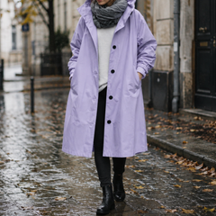 Parka à capuche femme lilas, coupe oversize et boutonnage noir contrasté