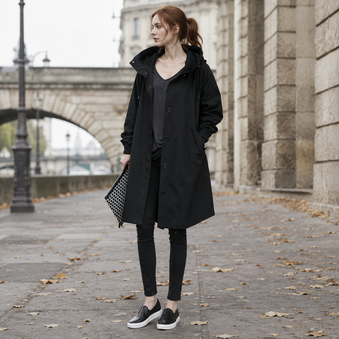 Parka noire longue à capuche portée ouverte sur un t-shirt gris foncé