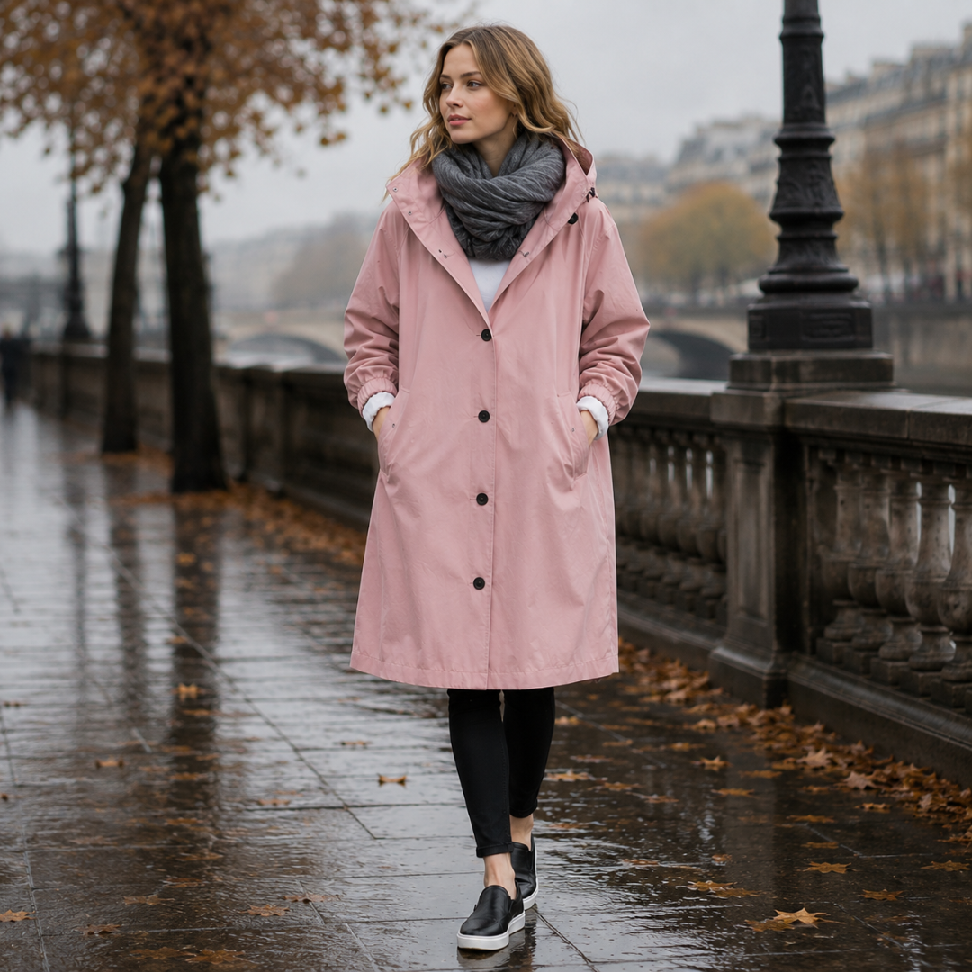 Parka rose à capuche et boutons foncés portée avec un pantalon noir