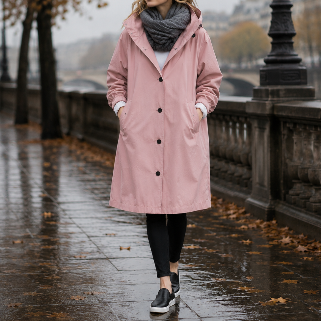 Parka à capuche femme rose poudré, boutons noirs, portée sur un quai parisien