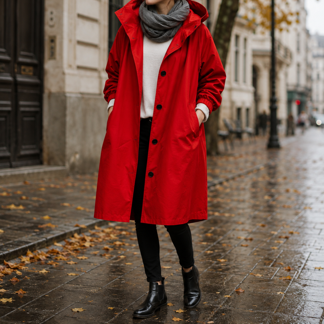 Parka à capuche femme rouge vif ouverte, manches à poignets froncés, trottoir mouillé