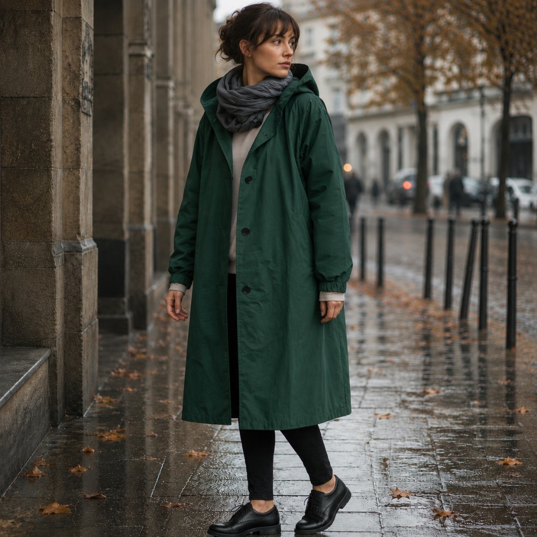 Parka femme vert foncé à capuche, boutonnée devant, portée avec une écharpe grise