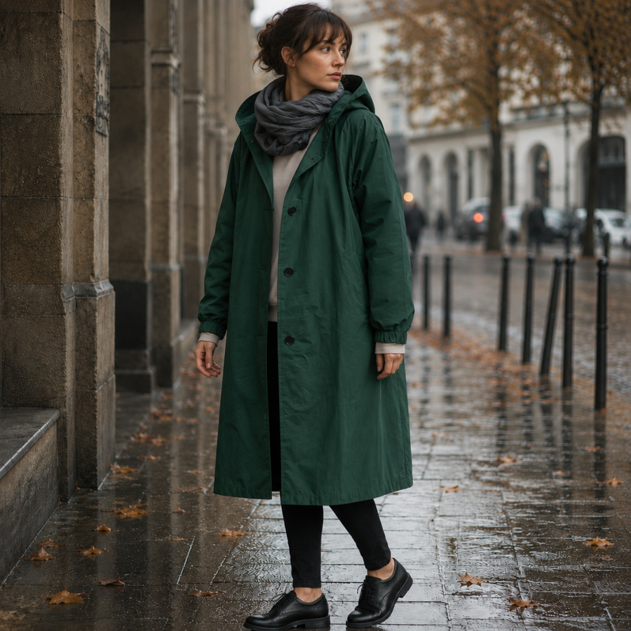 Parka femme vert foncé à capuche, boutonnée devant, portée avec une écharpe grise