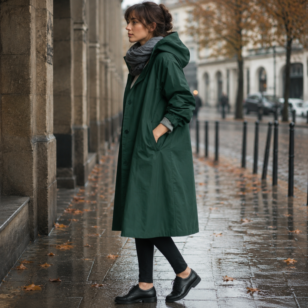 Vue de profil d'une parka vert foncé longue à capuche et poches latérales