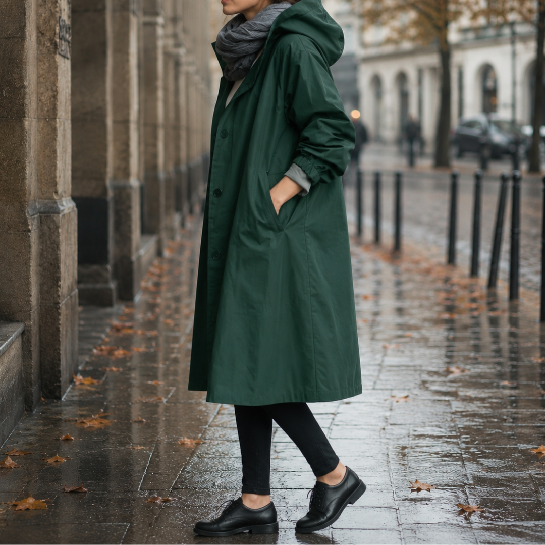 Parka vert foncé vue de profil, capuche relevée et coupe ample évasée