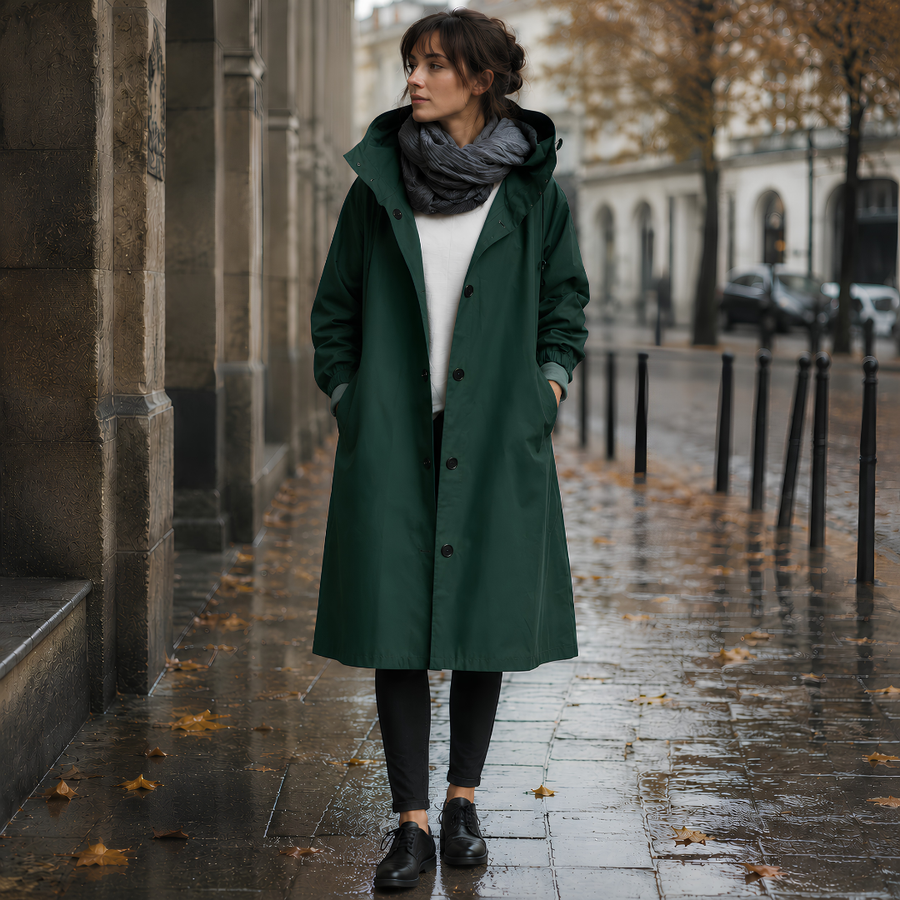 Parka vert foncé ouverte sur un pull blanc, capuche rabattue dans le dos