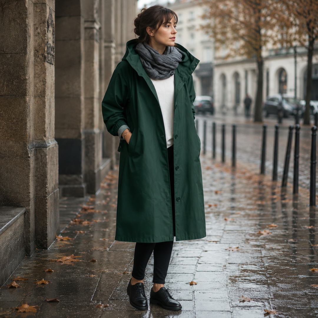 Parka vert foncé boutonnée sur le devant, capuche rabattue, dans une rue mouillée