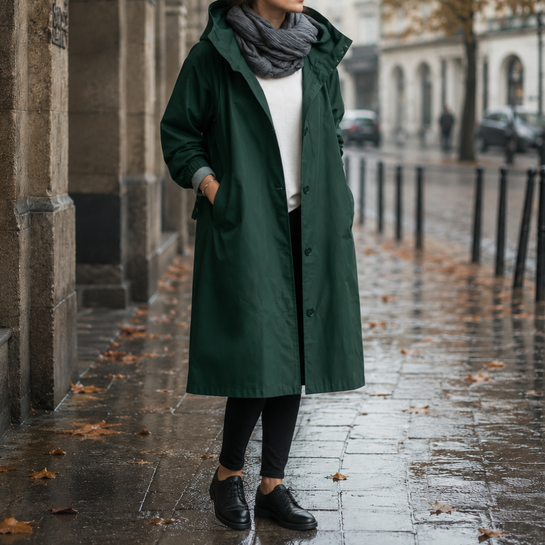 Parka femme vert foncé mi-longue avec poches latérales et poignets élastiqués