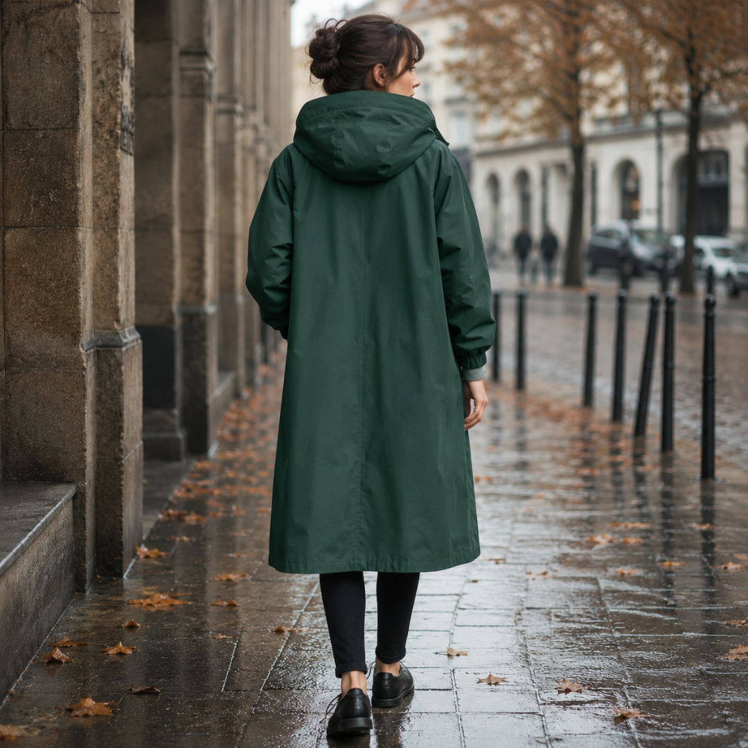 Dos d'une parka vert foncé longue avec capuche et ligne droite ample
