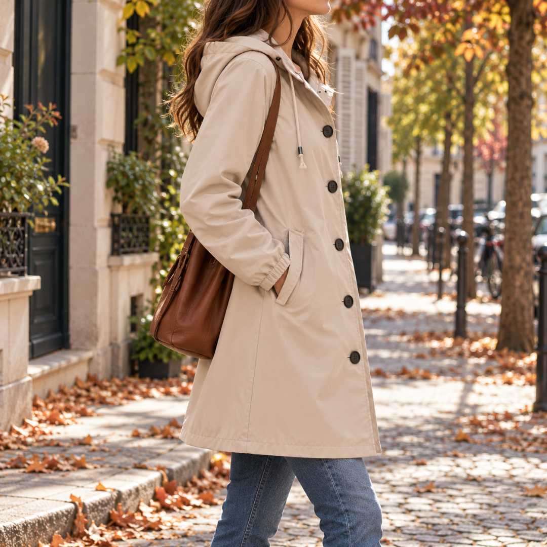 Profil d'une parka beige à capuche, boutonnage devant et poche latérale visible