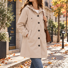 Parka beige boutonnée avec cordons de capuche à embouts métalliques et poignets froncés