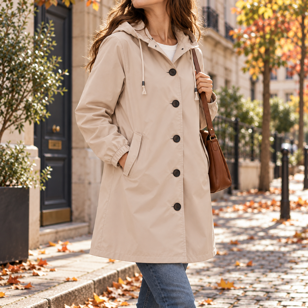 Parka beige boutonnée avec cordons de capuche à embouts métalliques et poignets froncés