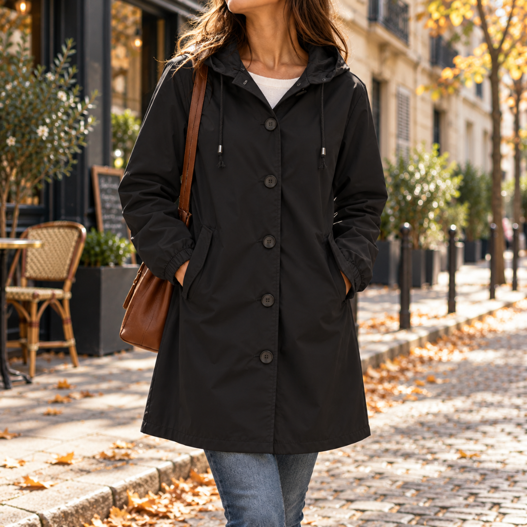 Parka noire mi-longue à capuche, cordons de serrage et poches latérales
