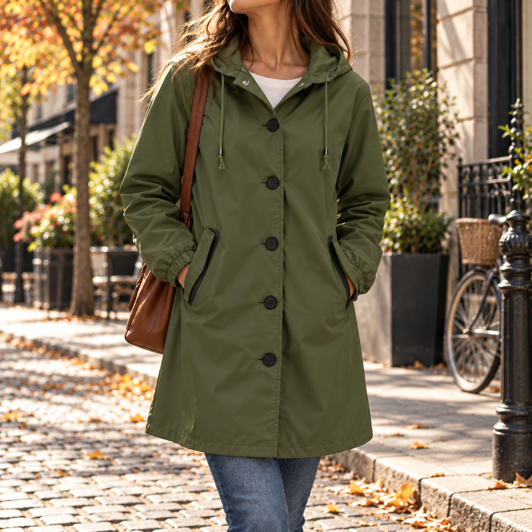 Parka verte mi-longue à capuche, boutonnage devant et poignets froncés