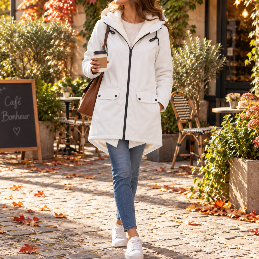 Parka femme blanche à capuche, zip noir contrastant et deux poches à rabat
