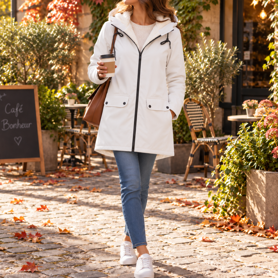 Parka longue blanche à capuche doublée, zip contrastant noir, en terrasse de café