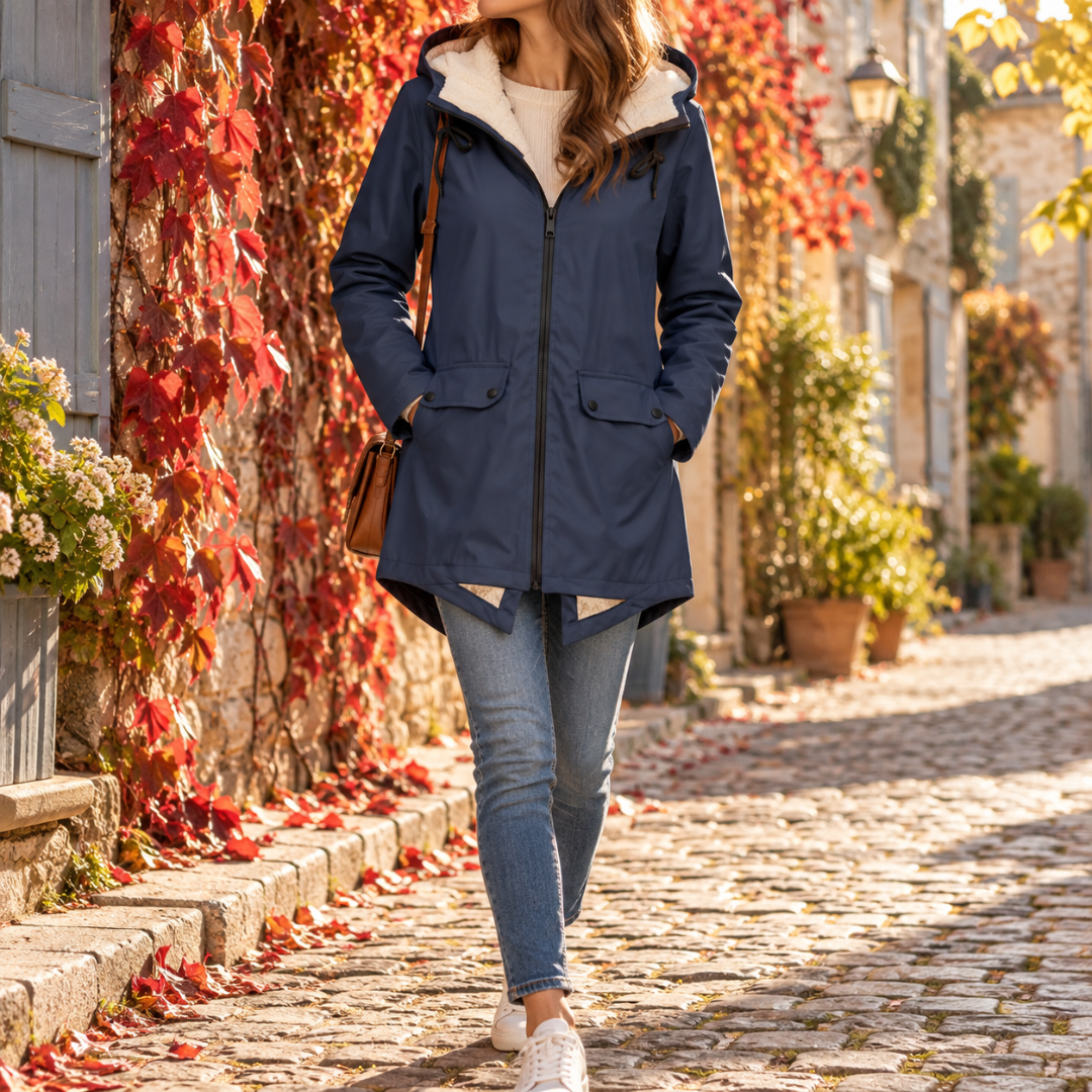 Parka femme bleu marine à capuche crème, zip noir et bas arrondi