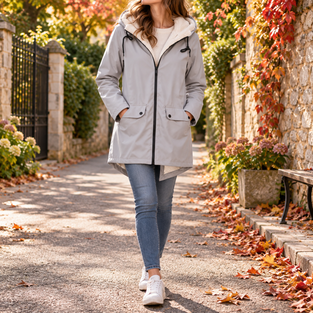 Parka femme grise à capuche, fermeture zippée noire et bas arrondi