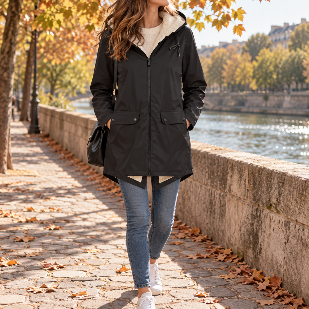 Parka femme noire à capuche crème, fermeture zippée et poches à rabat